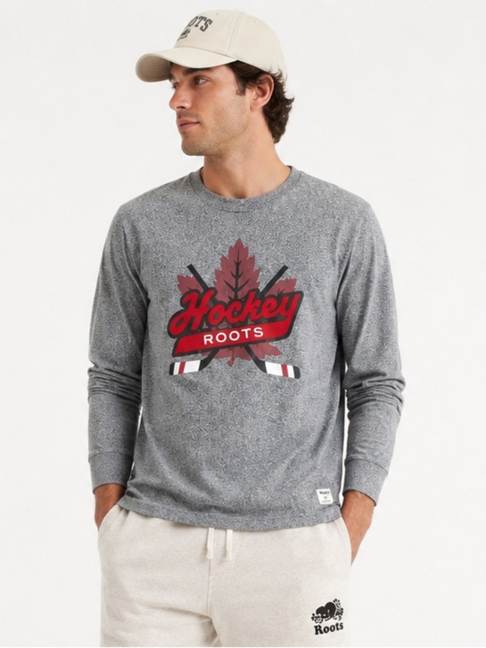 Roots Hockey Long Sleeve Graphic Tee Grey Men’s Large